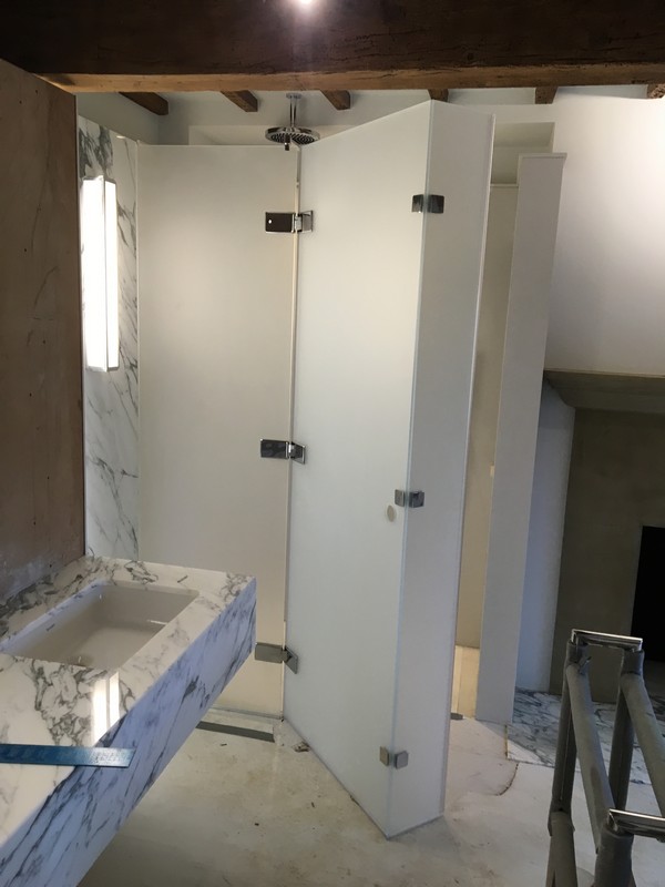 Bespoke frosted glass shower enclosure in Dulwich luxury bathroom